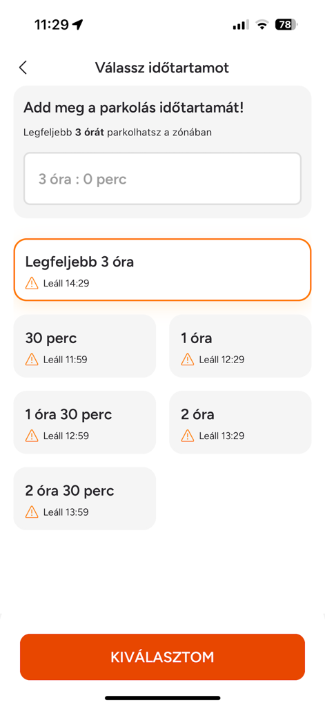 Netrisk - Netrisk mobile app screen for selecting parking duration with preset time intervals