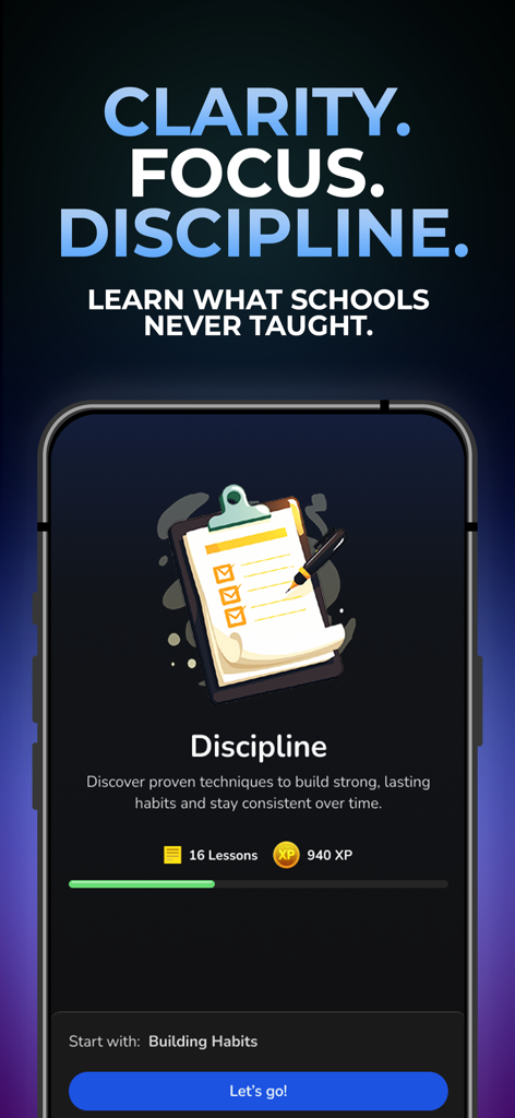 Legacy Academy - Legacy Academyアプリのインターフェース、レッスンと進捗状況追跡が表示された規律コースを表示