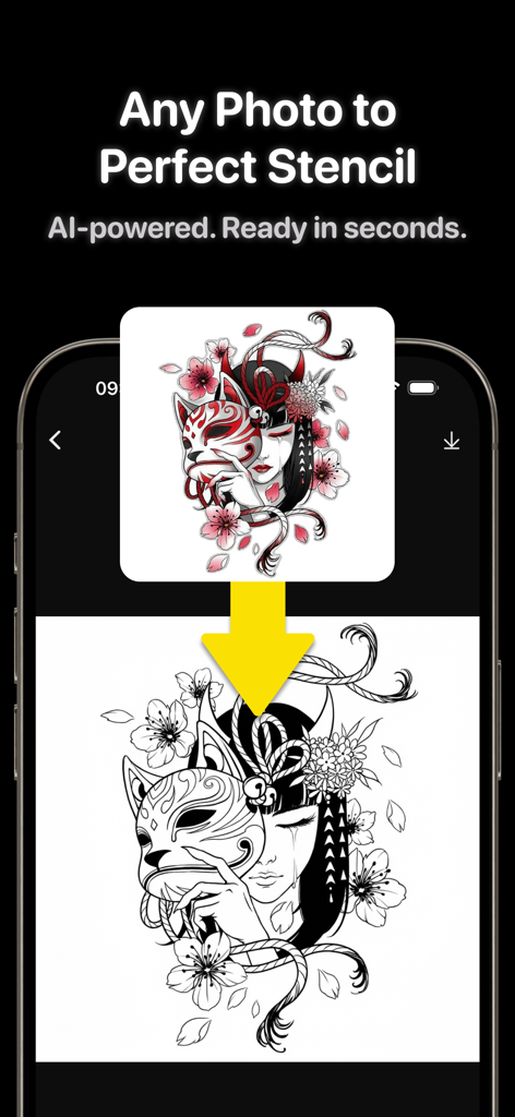 Stencil AI - Photo to Stencil - Stencil AI app interface showing a color illustration being converted into a black and white stencil outline