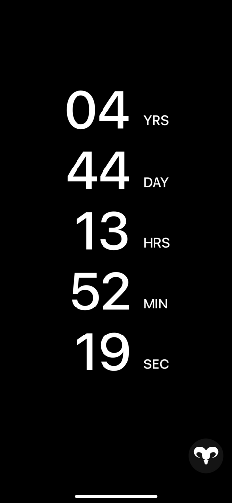 A vertical countdown timer on a black background showing years, days, hours, minutes, and seconds.