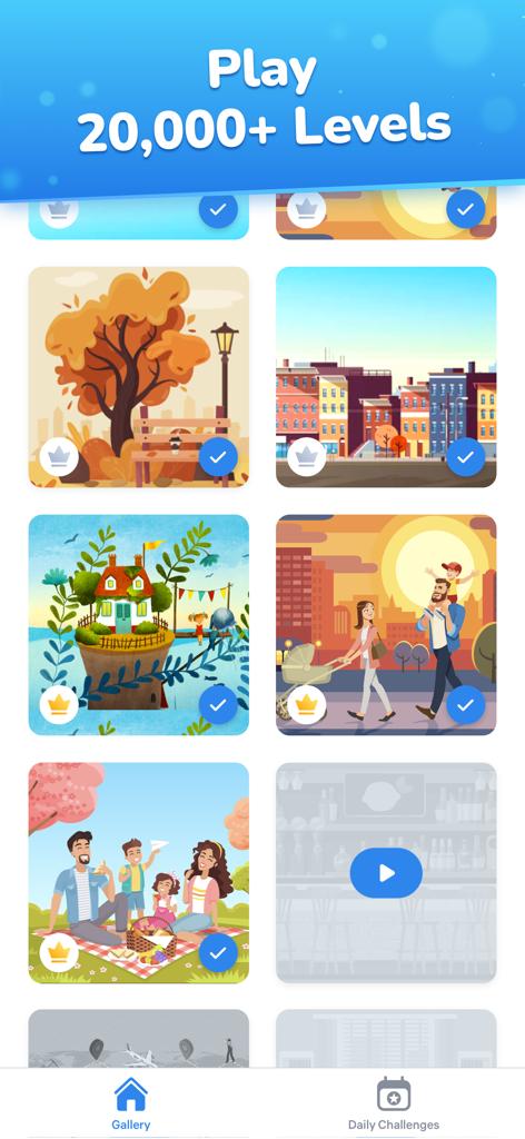 Differences - Find & Spot Them - Screenshot einer mobilen App, der eine Galerie mit über 20.000 Levels mit vielfältigen bunten Illustrationen für ein Wimmelbildspiel zeigt