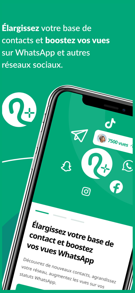 AddNew - AddNew app interface on a mobile phone screen promoting WhatsApp contact expansion and increased status views.