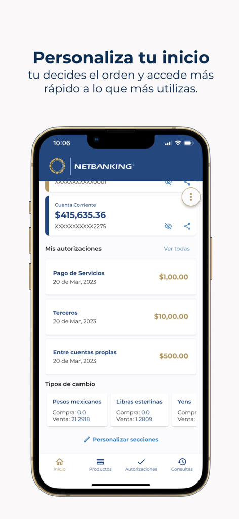 Mobile interface of NetBanking app showing a customizable home screen with account balances and pending authorizations
