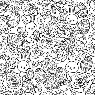 Hop into spring with this enchanting coloring page, showcasing elegant Damask roses intertwined with cheerful Easter bunnies and beautifully decorated eggs. It's a perfect blend of natural beauty and festive fun, ready for your creative touch.