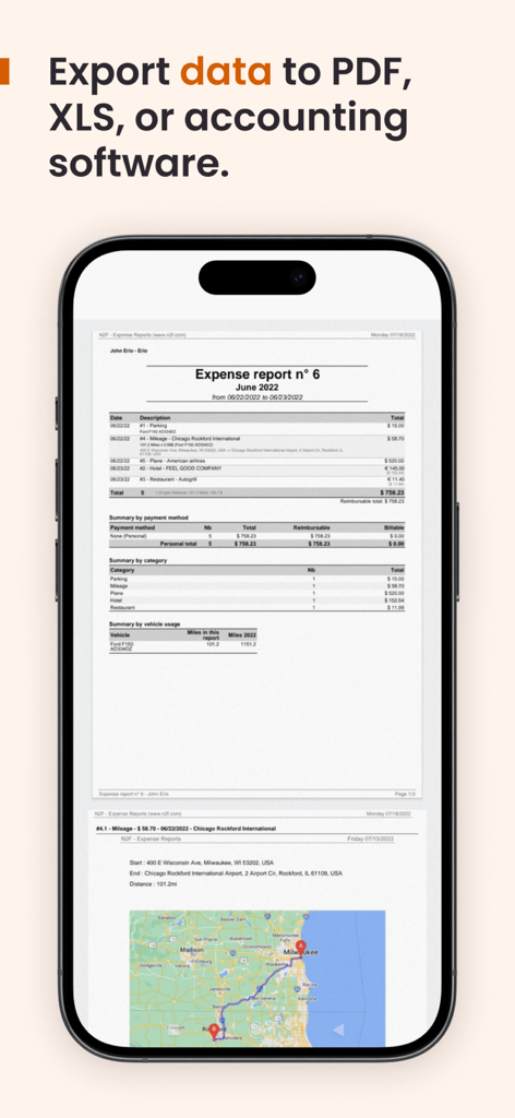 N2F - expense report & mileage - N2F app interface showing a detailed monthly expense report with mileage tracking and export options