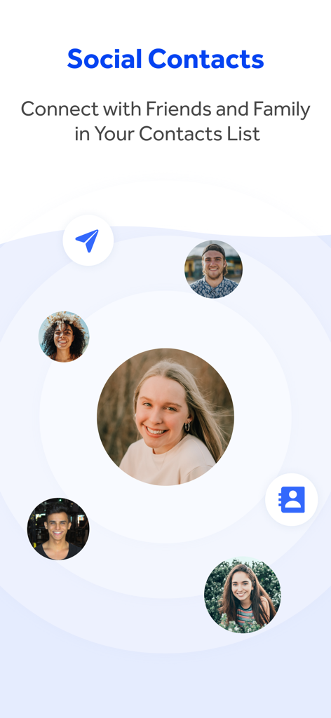 WePhone: 2nd Phone &WiFi Calls - WePhone app screen showcasing social contacts and connection features with portraits of friends and family