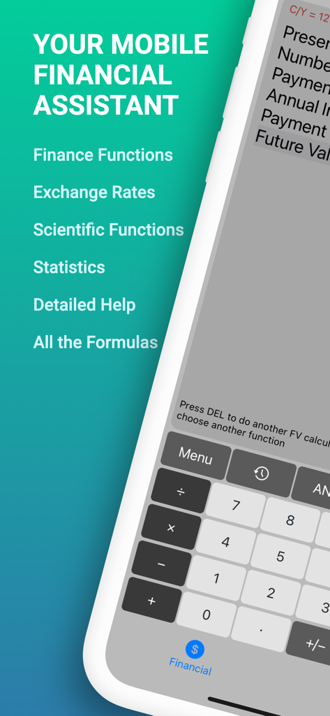 Interfaz de la aplicación FincCalc Calculadora Financiera mostrando una lista de características profesionales que incluyen funciones financieras y científicas