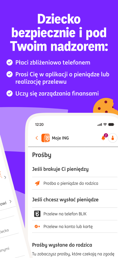 Benutzeroberfläche der Moje ING App mit der Banking-Funktion für Kinder, Geldanforderungsoptionen und Tools zur elterlichen Aufsicht