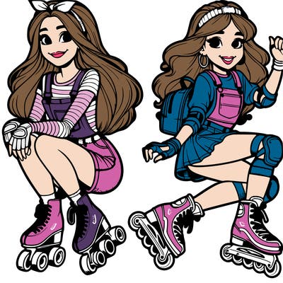 2 realistic teen girls one with roller skates and the other with rollerblades