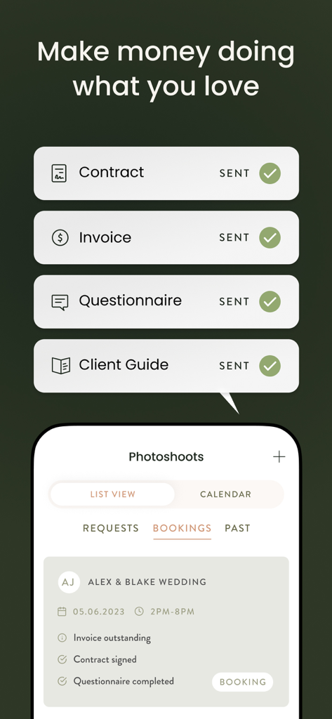UNSCRIPTED Photography Poses - Oberfläche der Unscripted-App mit Tools zur Verwaltung von Fotografiegeschäften, einschließlich Status der gesendeten Verträge, Rechnungsverfolgung und Details zur Buchung von Hochzeits-Fotoshootings
