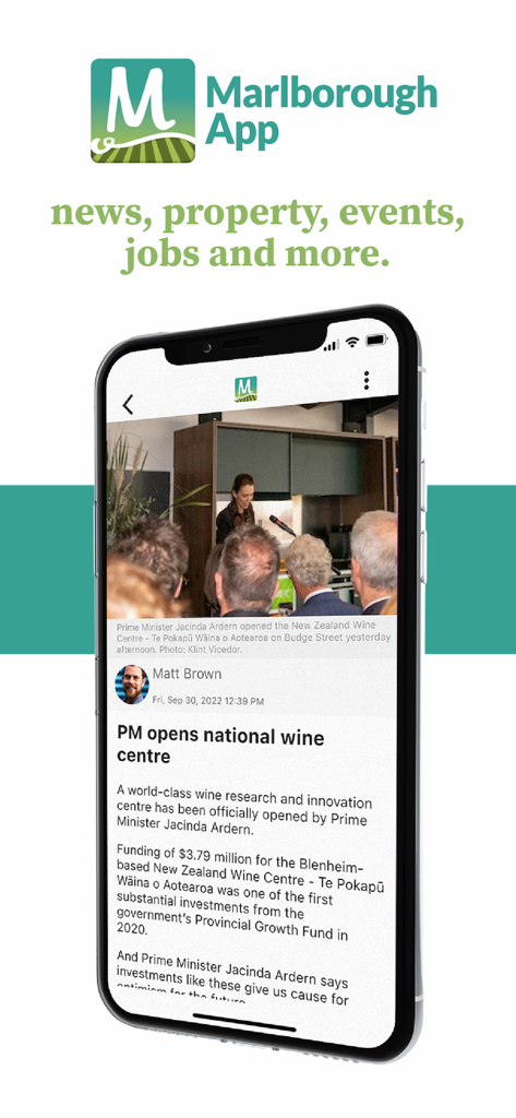 A smartphone displaying a local news article about a wine centre opening on the Marlborough App interface.