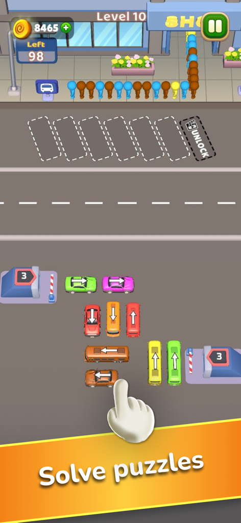 Car Jam Solver: Traffic Puzzle - A gameplay screenshot of Car Jam Solver showing various colorful cars and buses in a parking lot puzzle with a hand icon pointing to an orange car.
