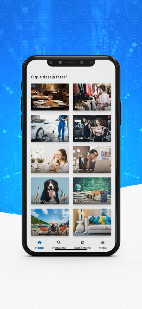 Clube Plis - Tela inicial do aplicativo móvel Clube Plis exibindo várias categorias de descontos para compras e serviços