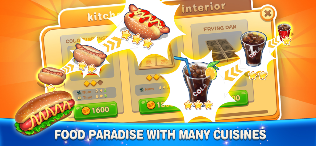 Happy Cooking 3: Cooking Games - Game interface showing kitchen and interior upgrades for food and drinks in Happy Cooking 3.