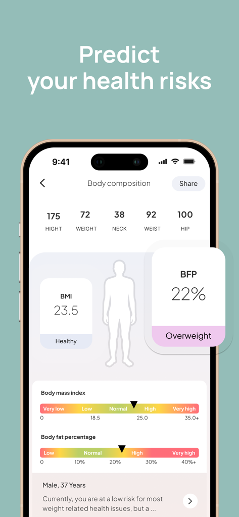 Lify: health manager, my chart - A screenshot of the Lify health manager app showing body composition metrics like BMI and Body Fat Percentage
