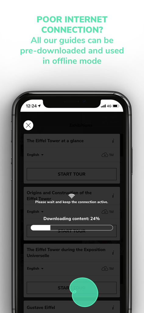 CloudGuide - Smartphone screen showing the CloudGuide app downloading a travel guide for offline use.