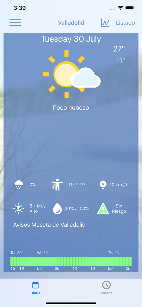 Pronóstico del tiempo para Valladolid, España en la aplicación oficial AEMET