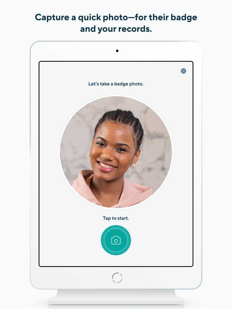 Verkada Guest visitor management app interface on an iPad showing a photo capture screen for guest badges