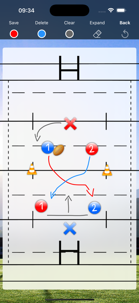 Assistant Coach Rugby - Interactive rugby clipboard showing tactical play diagrams with player markers and movement arrows