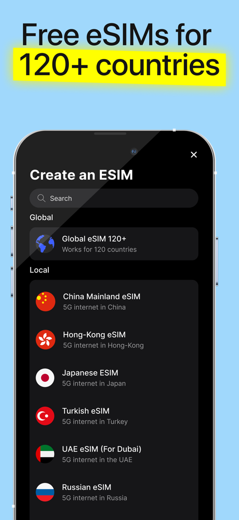 ZERO eSIM app interface showing global and local 5G data plans for international travel in over 120 countries.