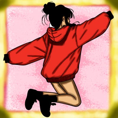 realistic girl jumping with a bun and oversized sweatshirt
