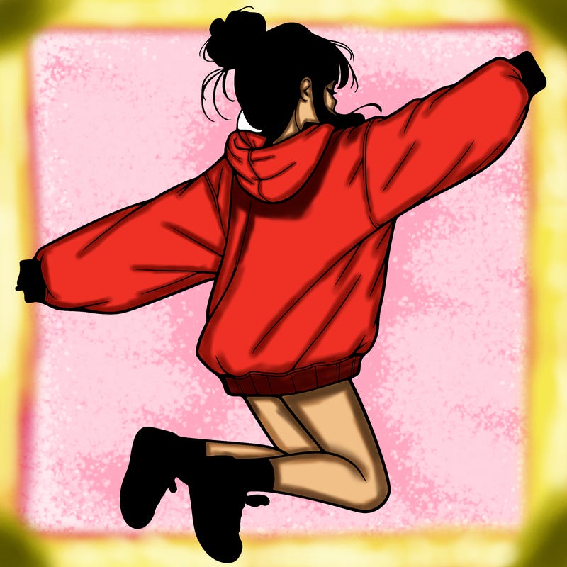 realistic girl jumping with a bun and oversized sweatshirt