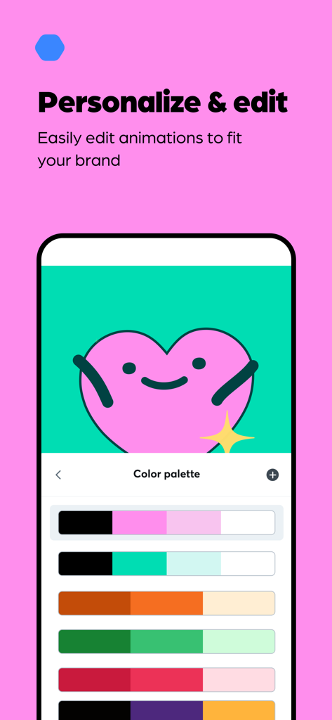 Tela de smartphone exibindo o editor de paleta de cores do LottieFiles para personalizar uma animação.