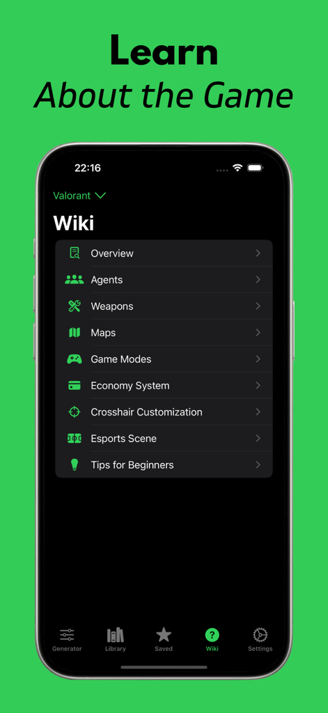Custom Crosshair: Aimiks v2 - Captura de pantalla de la sección wiki de Valorant en la app Aimiks v2 con guías y consejos del juego