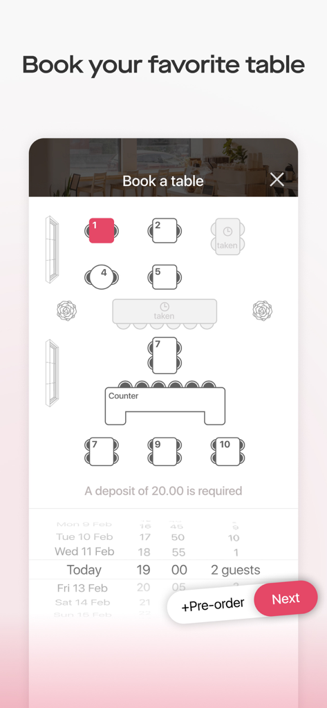 Saby Get: Места и услуги - Saby Getアプリインターフェース、レストランのフロアプランを表示し、テーブル予約やゲストのスケジュール設定が可能