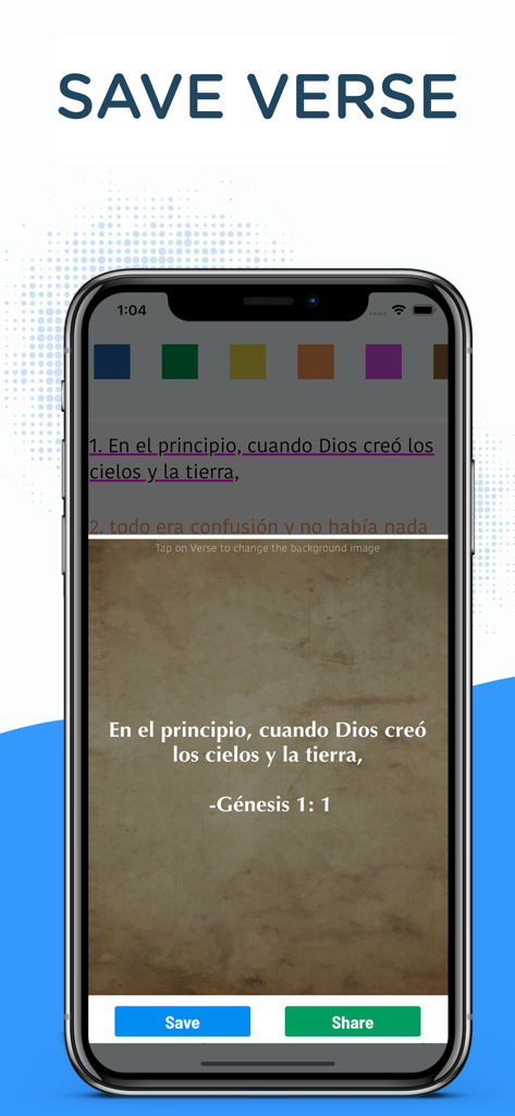Interfaccia dell'app Biblia Dios Habla Hoy che mostra lo strumento di creazione di immagini di versetti con Genesi 1 1 su uno sfondo di pergamena.
