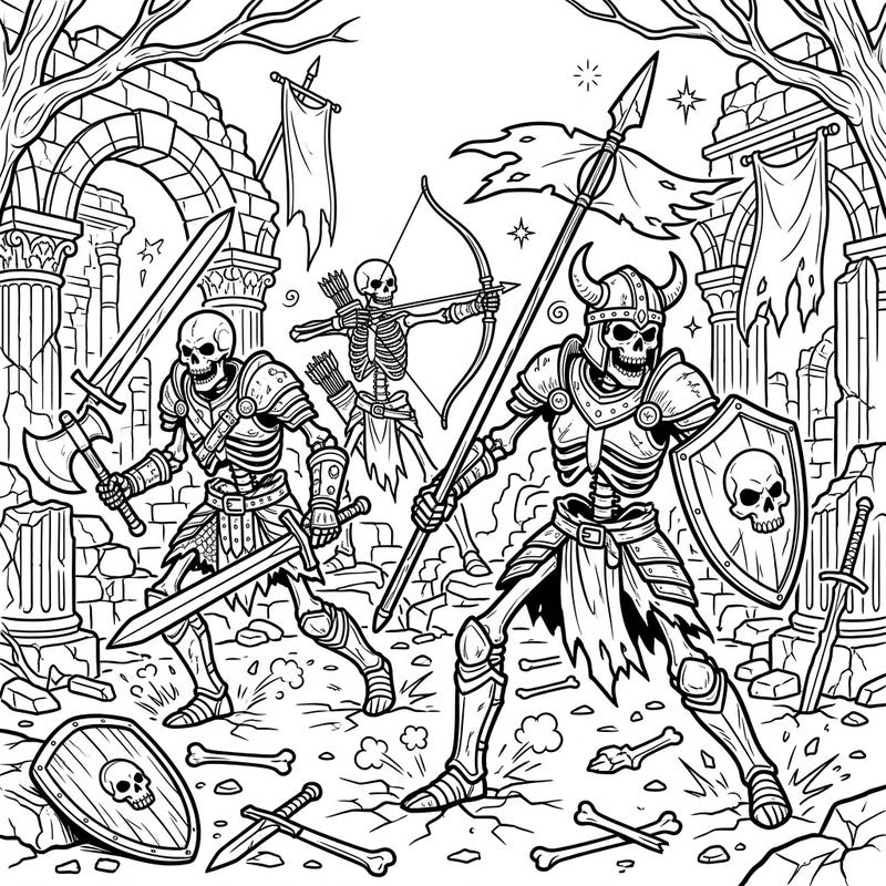 Step into a thrilling fantasy realm with this intricate warrior skeletons coloring page. Armored skeletal warriors are depicted in a dynamic battle amidst ancient, crumbling ruins, ready for your creative touch.