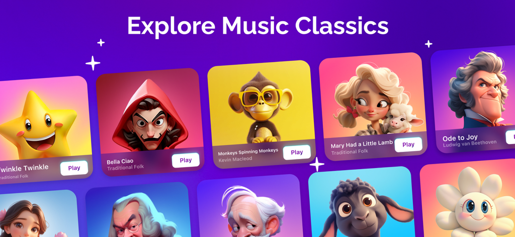 「歓喜の歌」などのクラシックや、カラフルなキャラクターイラストが描かれた子供向けの曲など、ピアノアプリのライブラリにある曲カードの選択画面