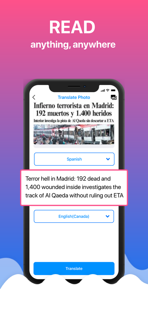 Translator App: All Language - OCR 기술을 사용하여 스페인어 신문 헤드라인을 영어로 변환하는 번역기 앱을 보여주는 스마트폰 화면.