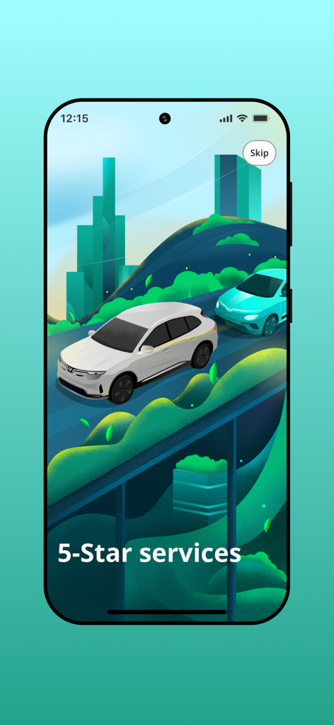 An illustration on a mobile phone screen showing electric cars driving through a green landscape with the text 5-Star services.