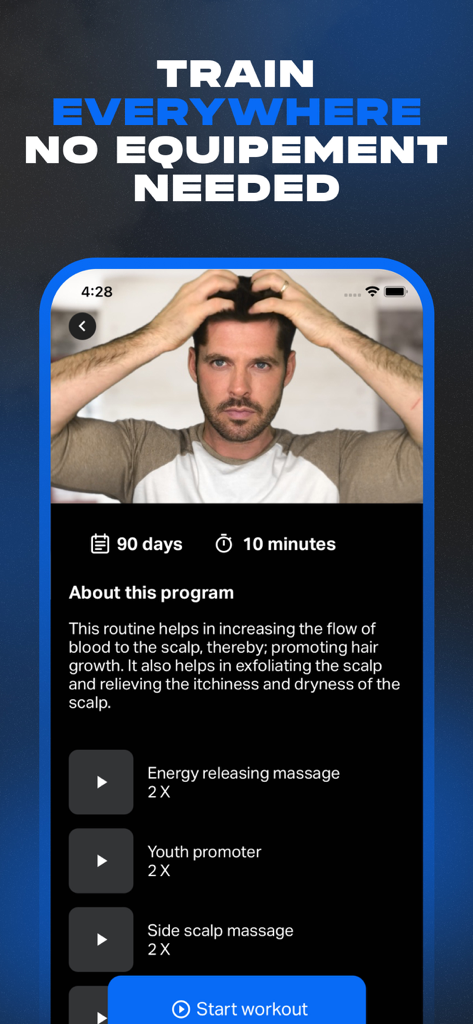 Alpha Face: Facial Exercises - Alpha Face app screen showing a hair growth scalp massage routine for men