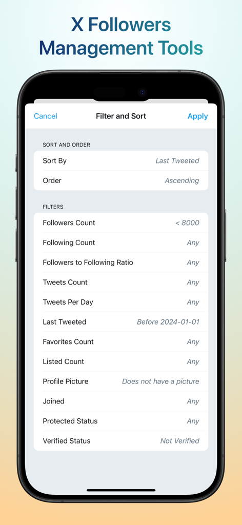 Who Unfollowed Me on X/Twitter - A screen showing advanced sorting and filtering options for X followers