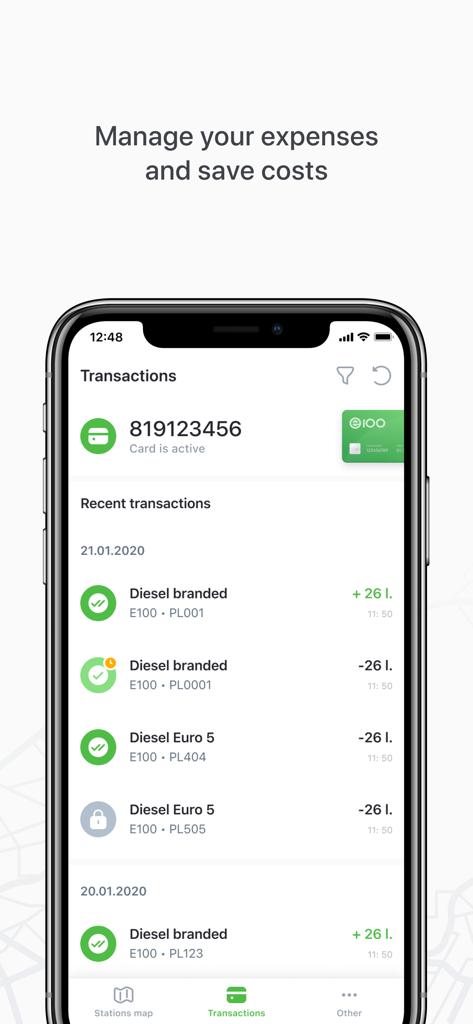 Tela de histórico de transações e gerenciamento de despesas no aplicativo E100 mobile mostrando compras de combustível