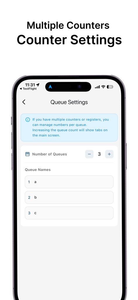 順番待ちパネル | 呼び出し番号の表示用呼出システム - Interface of the Queue Management Panel app showing settings for multiple counters and queue names