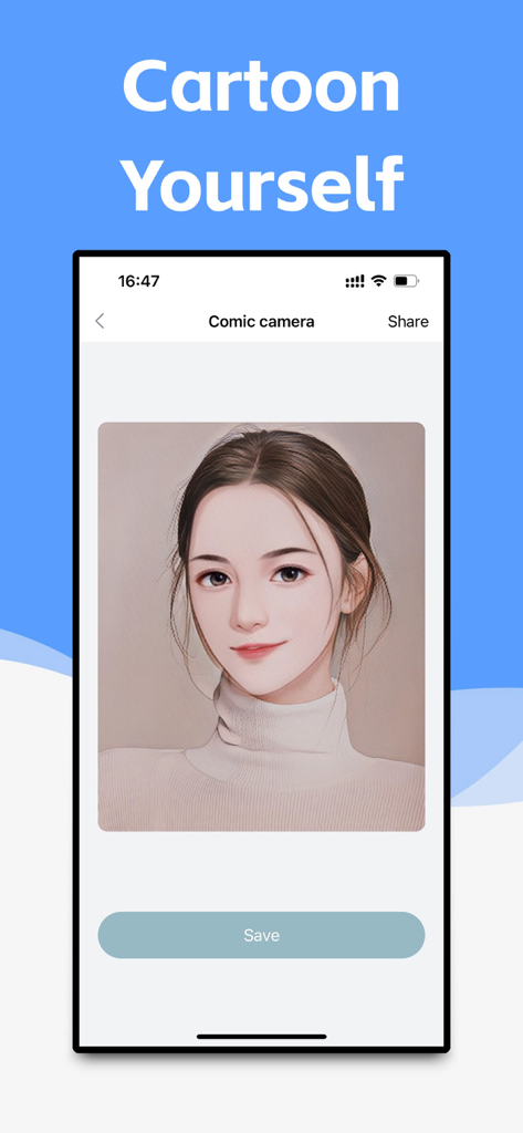 Face Editor - Cartoon Yourself - Face Editor app interface displaying a cartoon portrait under the Comic camera feature