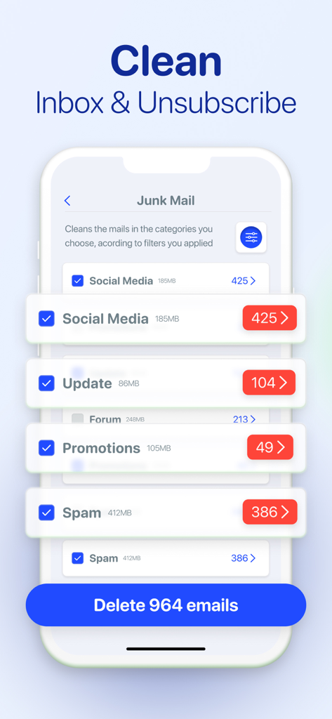 Mobile app interface showing options to clean junk mail and unsubscribe from email categories