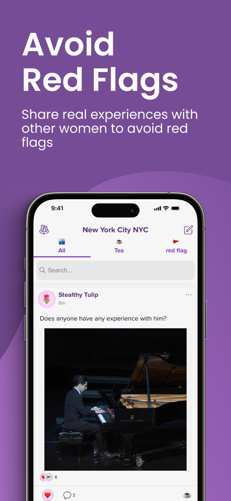 Screenshot der 'Sind wir mit demselben Kerl zusammen?'-App, der einen Community-Beitrag zum Teilen von Erfahrungen und zum Vermeiden von Warnsignalen anzeigt.