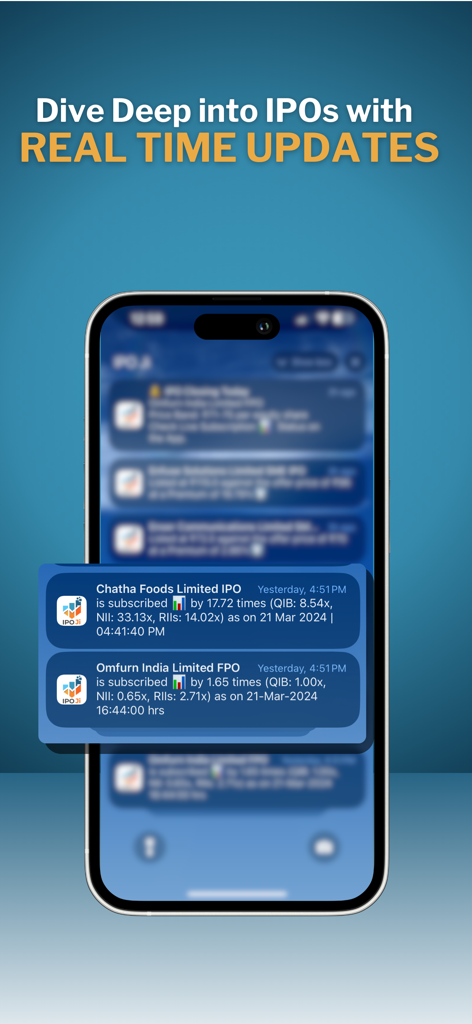 IPO Ji - IPO Info News & Apply - IPO JiアプリでインドのIPOのリアルタイム申請状況通知を表示するスマートフォン