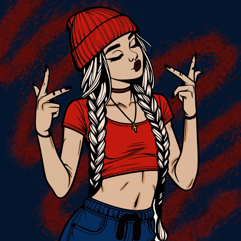 realistic teenage girl with braids and a beanie and crop top doing 🫶🏼