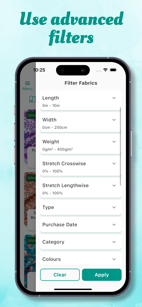 Advanced fabric search filters in the Stash Hub sewing app