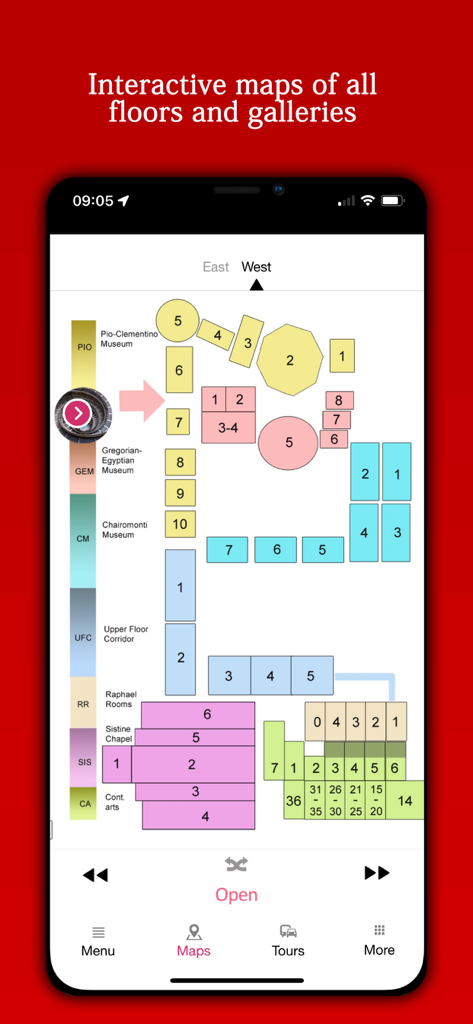 Audio Guide Vatican Museums - Interactive floor plan of the Vatican Museums highlighting different museum sections and rooms.