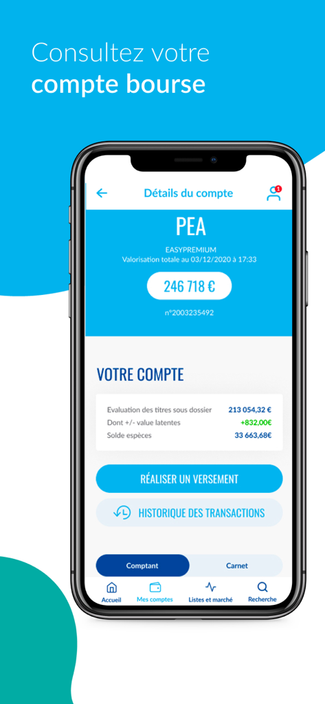 EasyBourse - Un écran de smartphone affichant l'application EasyBourse avec les détails et la valorisation d'un compte d'investissement PEA français