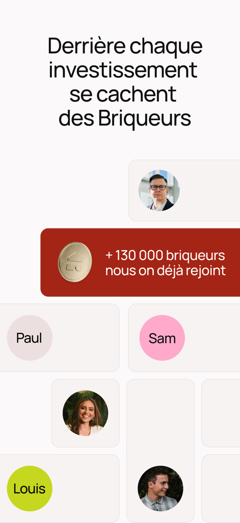 La Première Brique - A screen showing avatars of users and a message stating that over 130000 investors have joined the platform