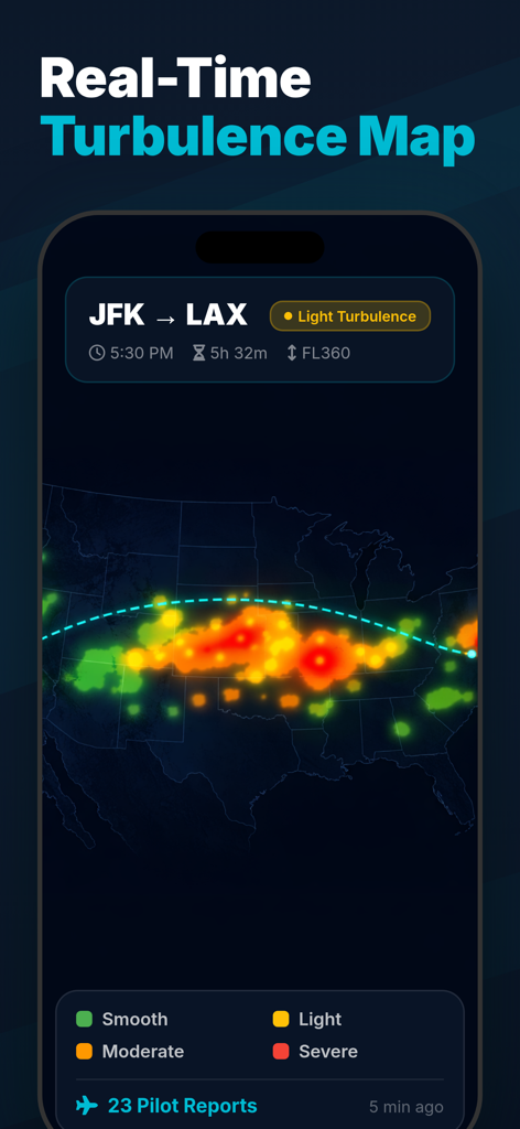 Turbulence Forecast - Flight+ - Real-time turbulence map for a flight from JFK to LAX showing intensity levels and pilot reports