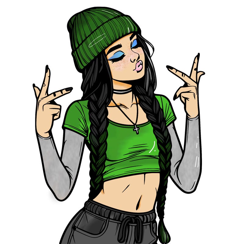 realistic teenage girl with braids and a beanie and crop top doing 🫶🏼