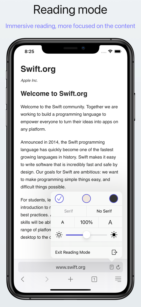 Teak Browser: User Script - Interface do modo de leitura do Teak Browser com layout imersivo e configurações de personalização de texto em um iPhone